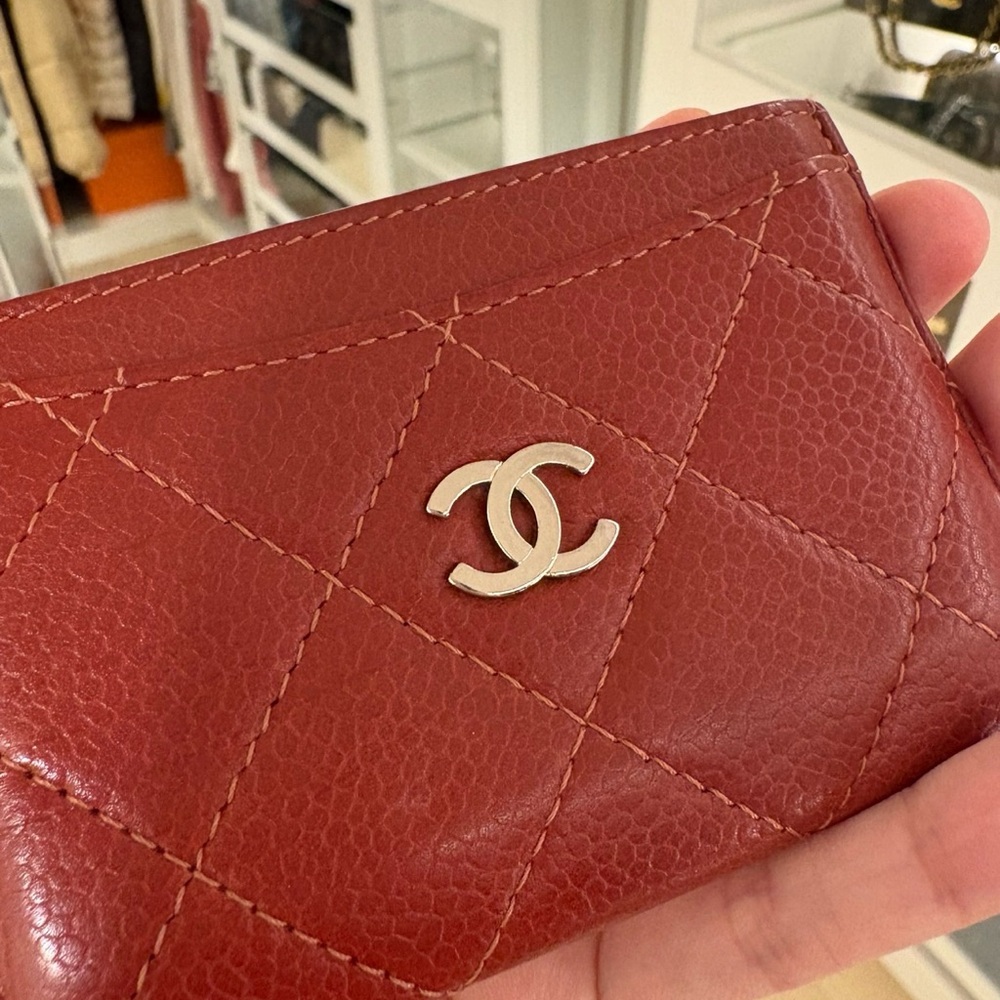 CHANEL Leather Card Holder - Burgundy with Silver CC